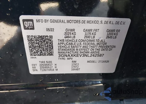 2022 Chevrolet Equinox Fwd Lt из США, поврежденный, VIN 3GNAXKEV3NL242587